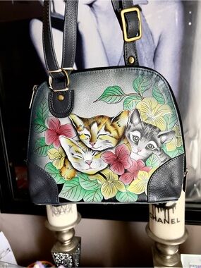 Anuschka leather satchel hand-painted with a kitten